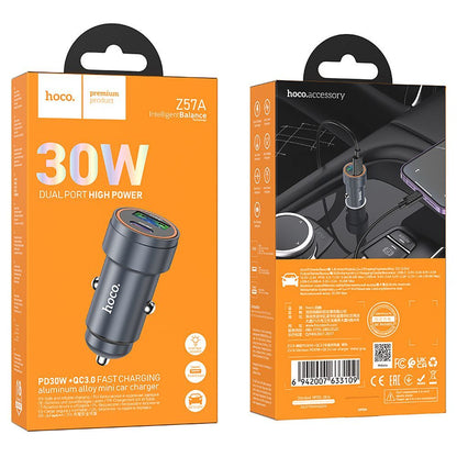 Auto punjač HOCO Z57A, 30W, 3A, 1 x USB-A - 1 x USB-C, Sivi