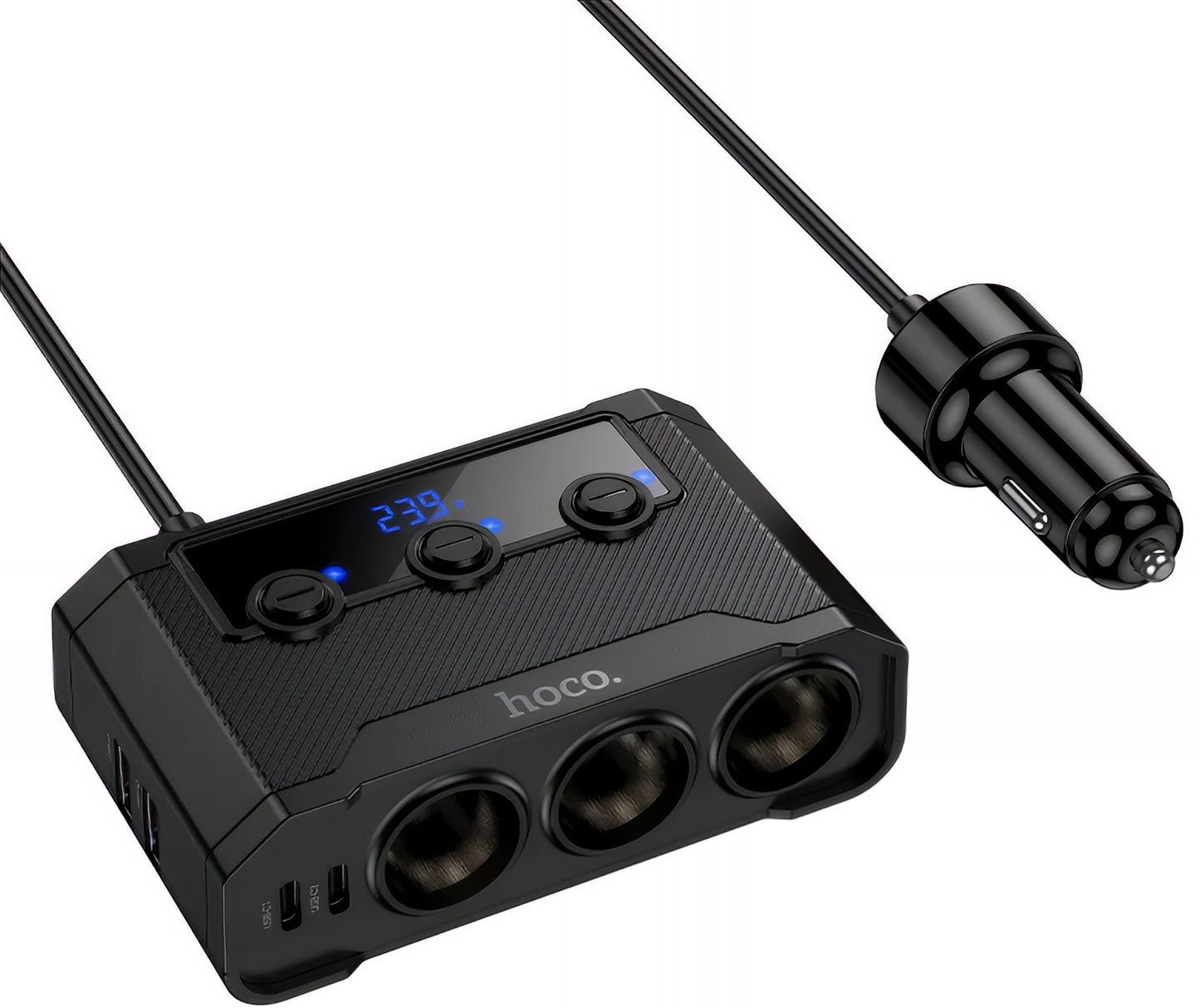 Auto punjač HOCO Z64, 15.5W, 3.1A, 2 x USB-A - 2 x USB-C - 3 x Produžetak upaljača, Crni