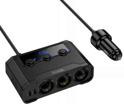 Auto punjač HOCO Z64, 15.5W, 3.1A, 2 x USB-A - 2 x USB-C - 3 x Produžetak upaljača, Crni