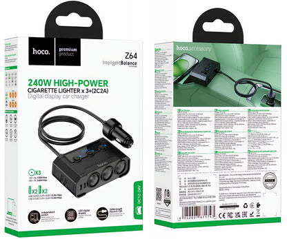Auto punjač HOCO Z64, 15.5W, 3.1A, 2 x USB-A - 2 x USB-C - 3 x Produžetak upaljača, Crni