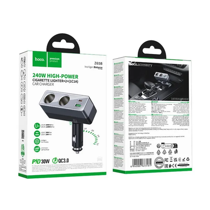 Auto punjač HOCO Z65B, 240W, 1 x USB-A - 1 x USB-C - 2 x Produžetak upaljača, Crna