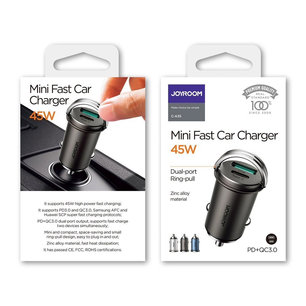 Auto punjač Joyroom C-A35, 45W, 5A, 1 x USB-A - 1 x USB-C, Sivi