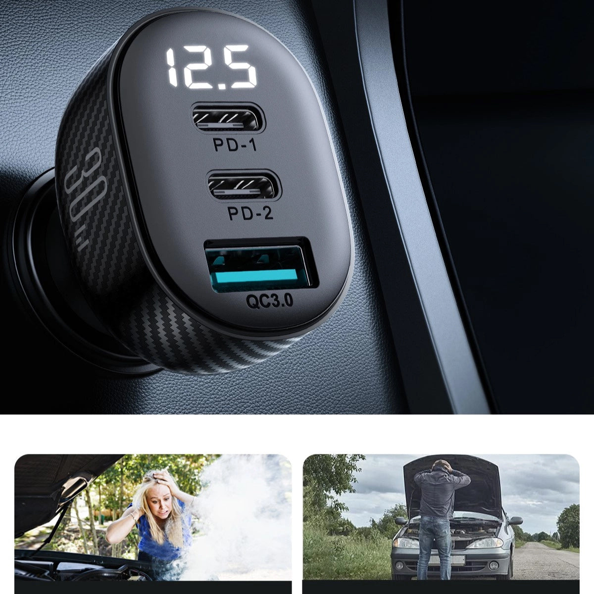Auto punjač Joyroom JR-CCD04, 30W, 3A, 1 x USB-A - 2 x USB-C, Crni