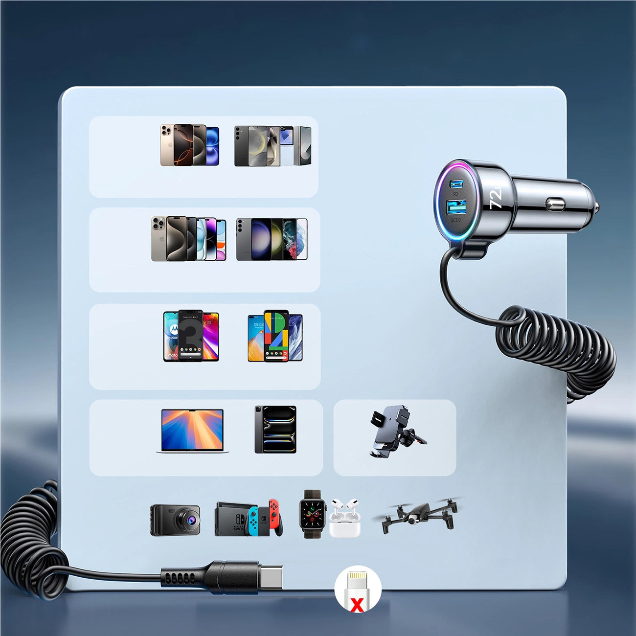 Auto punjač s USB-C kabelom Joyroom JR-CL07, 72W, 3A, 1 x USB-A - 1 x USB-C, Crni