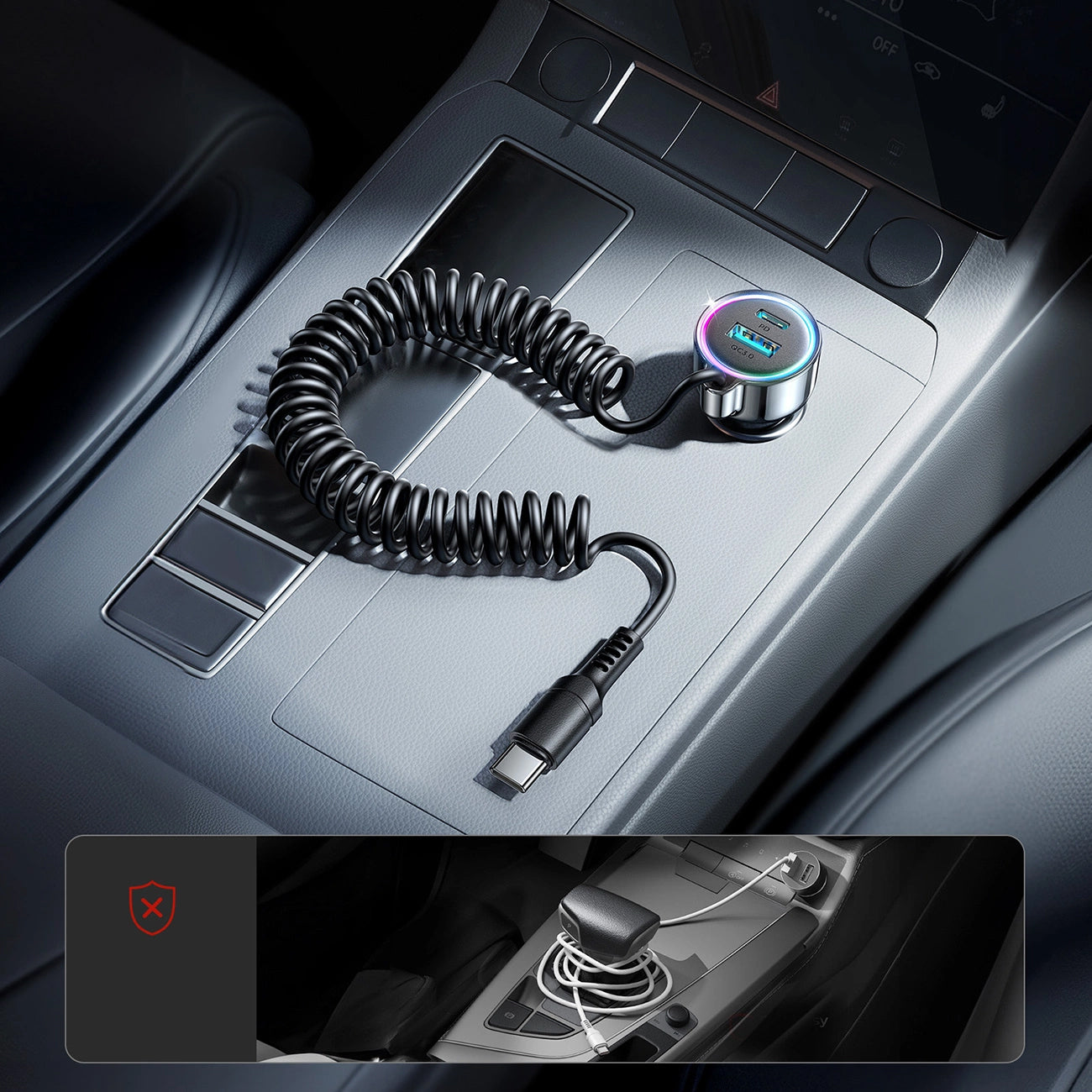 Auto punjač s USB-C kabelom Joyroom JR-CL07, 72W, 3A, 1 x USB-A - 1 x USB-C, Crni