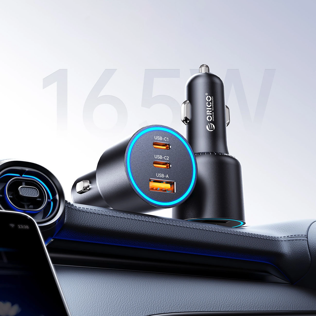 Orico HyperDrive Auto Punjač, 165W, 5A, 1 x USB-A - 2 x USB-C, Crni