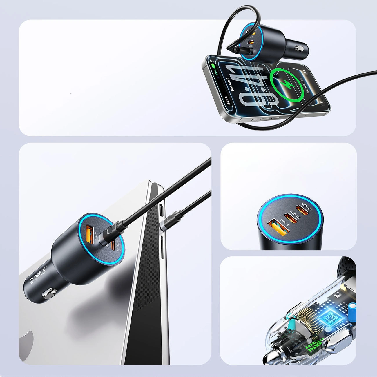 Orico HyperDrive Auto Punjač, 165W, 5A, 1 x USB-A - 2 x USB-C, Crni