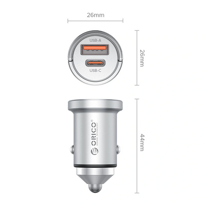 Auto punjač Orico MiniRing Pro, 45W, 3A, 1 x USB-A - 1 x USB-C, Srebrni