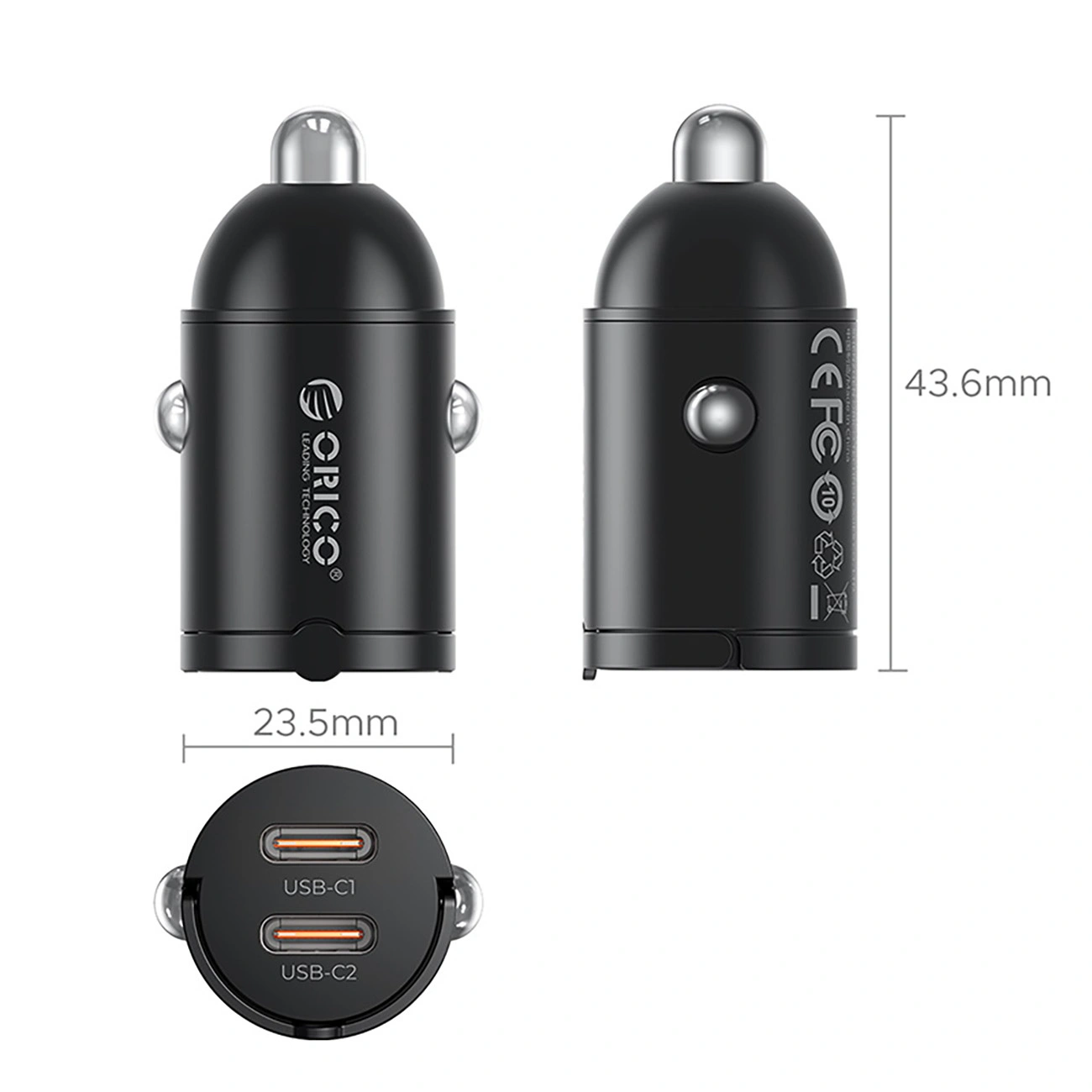 Auto punjač Orico MiniRing, 30W, 3A, 2 x USB-C, Crna