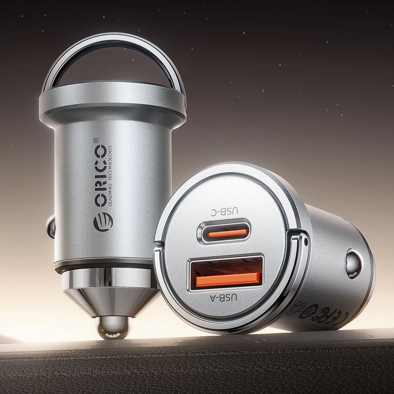 Auto punjač Orico MiniRing Pro, 45W, 3A, 1 x USB-A - 1 x USB-C, Srebrni
