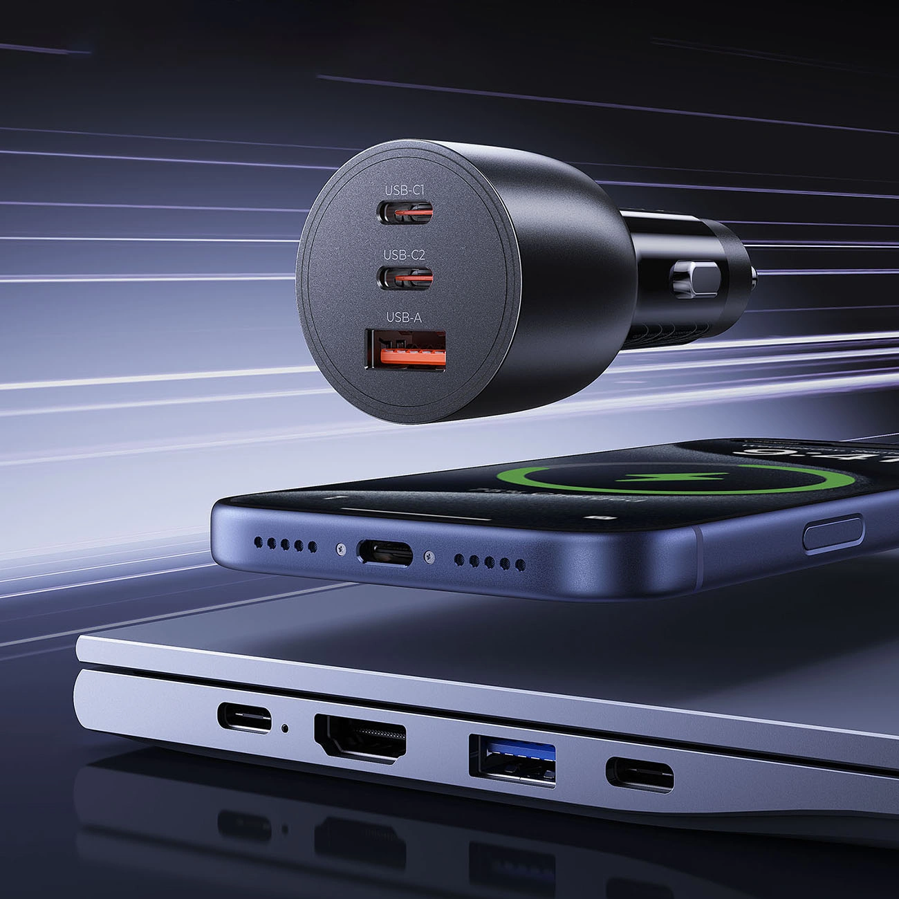 Auto punjač Orico PowerLink, 165W, 5A, 1 x USB-A - 2 x USB-C, Crni