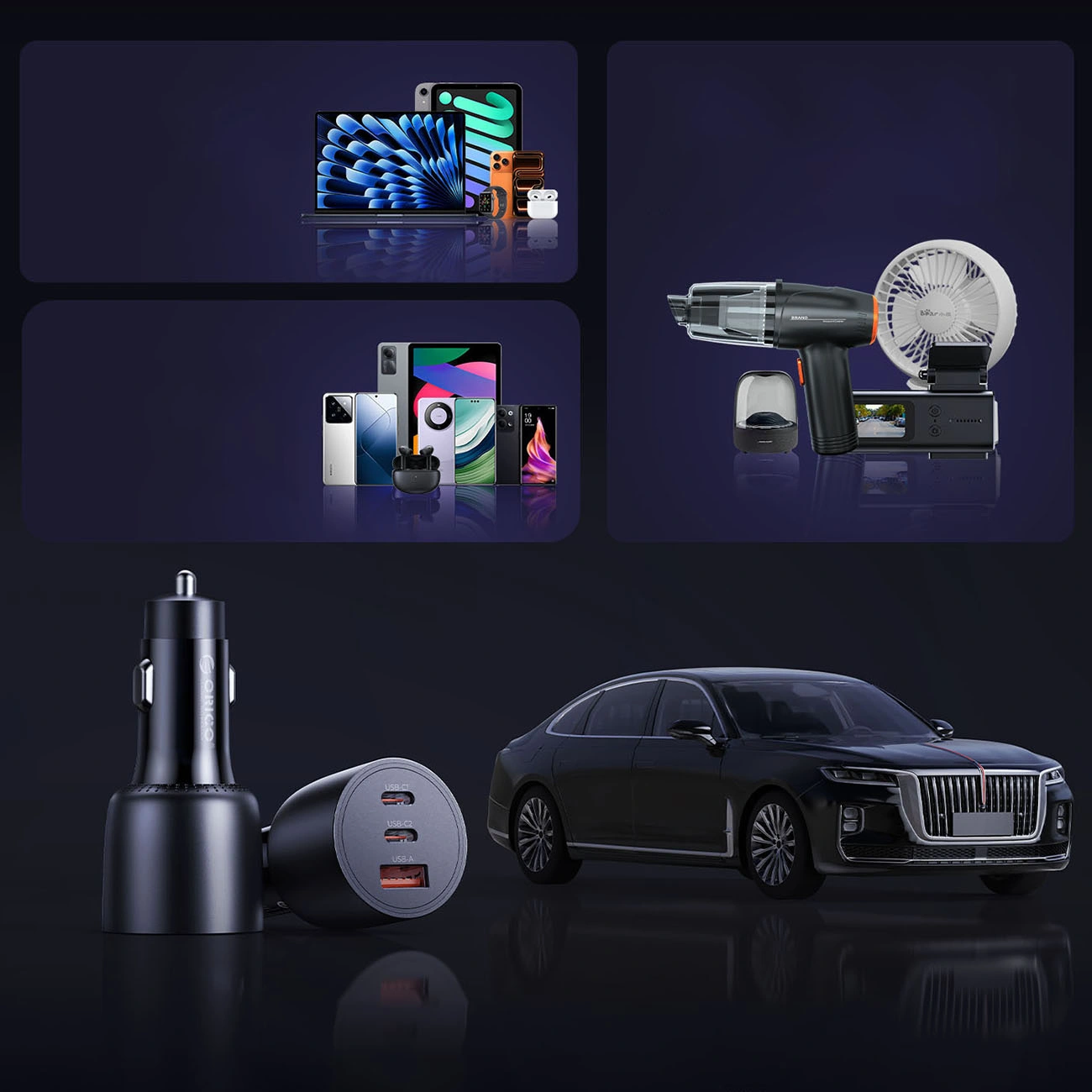 Auto punjač Orico PowerLink, 165W, 5A, 1 x USB-A - 2 x USB-C, Crni