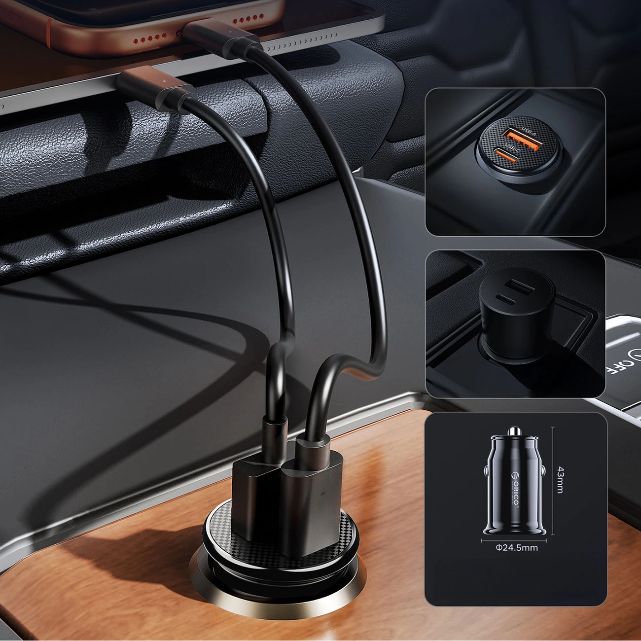 Auto punjač Orico PowerMini, 30W, 3A, 1 x USB-A - 1 x USB-C, Crni