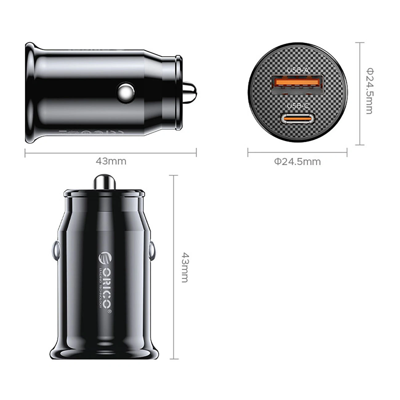 Auto punjač Orico PowerMini, 30W, 3A, 1 x USB-A - 1 x USB-C, Crni