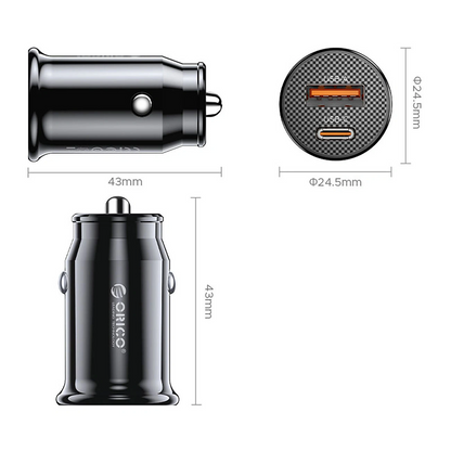 Auto punjač Orico PowerMini, 30W, 3A, 1 x USB-A - 1 x USB-C, Crni