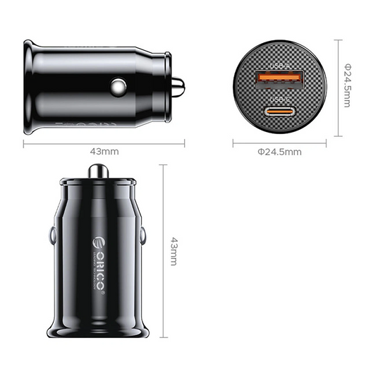 Auto punjač Orico PowerMini, 30W, 3A, 1 x USB-A - 1 x USB-C, Crni