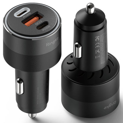 Auto punjač Ringke, 30W, 3A, 1 x USB-A - 2 x USB-C, Crni