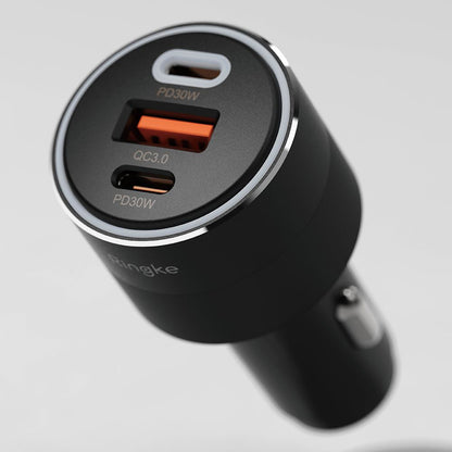 Auto punjač Ringke, 30W, 3A, 1 x USB-A - 2 x USB-C, Crni