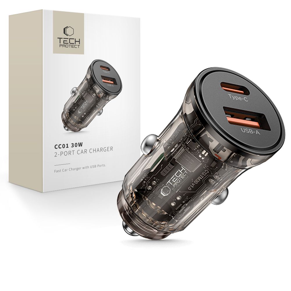 Auto punjač Tech-Protect CC01, 30W, 3A, 1 x USB-A - 1 x USB-C, Crni
