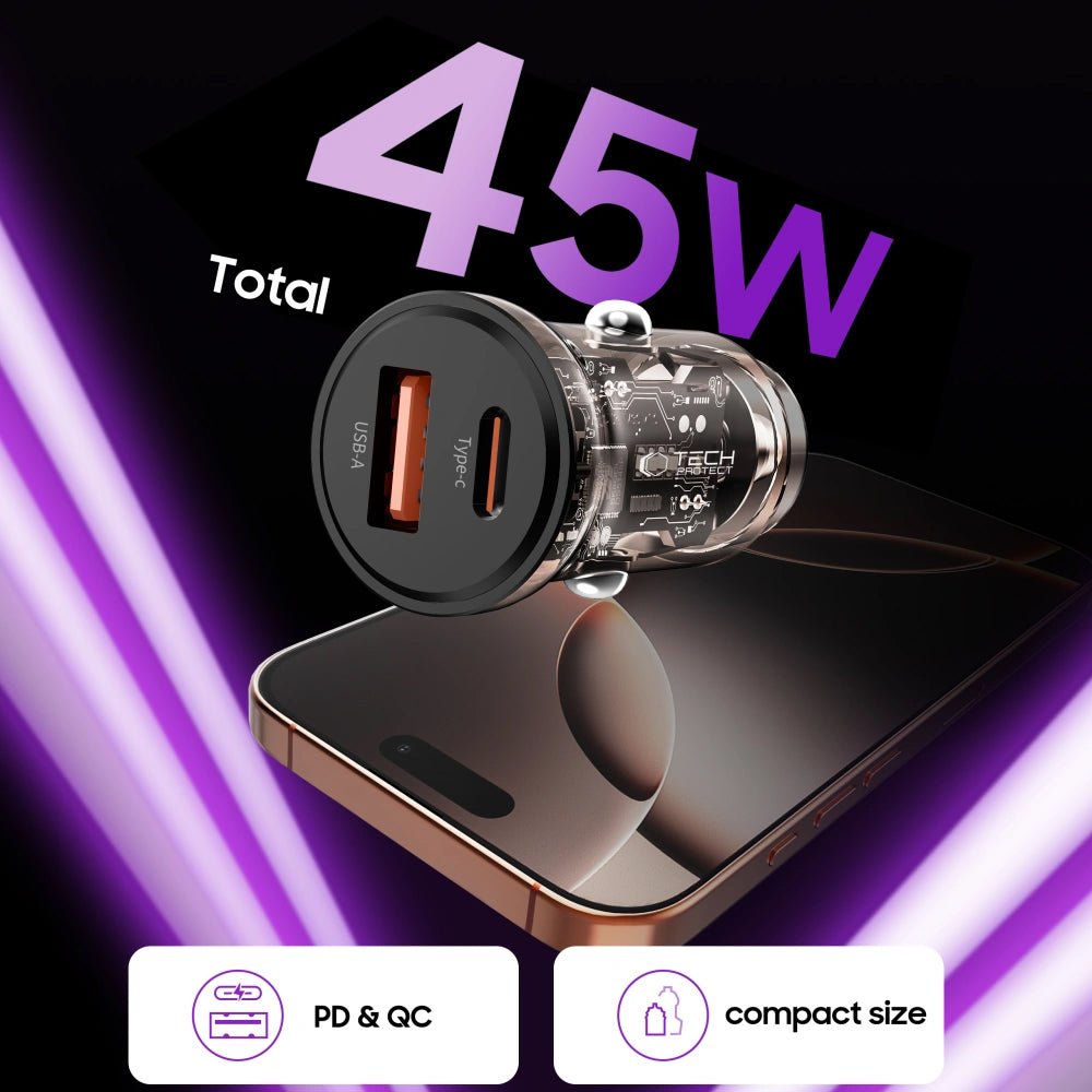 Auto punjač Tech-Protect CC01, 45W, 5A, 1 x USB-A - 1 x USB-C, Crni