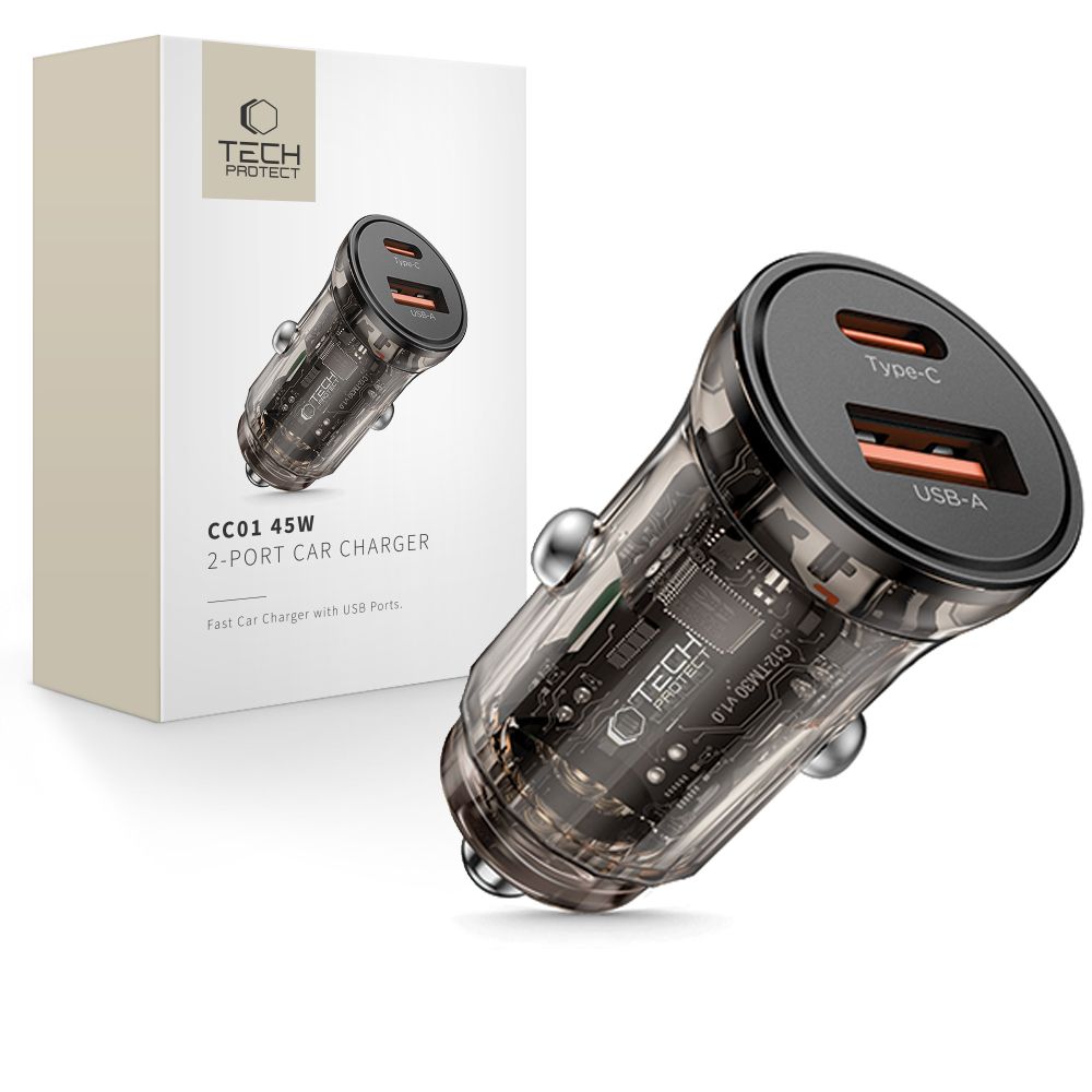 Auto punjač Tech-Protect CC01, 45W, 5A, 1 x USB-A - 1 x USB-C, Crni