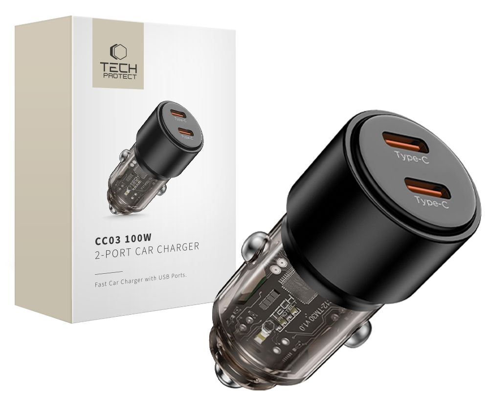 Auto punjač Tech-Protect CC03, 100W, 3.25A, 2 x USB-C, Crna