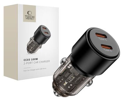 Auto punjač Tech-Protect CC03, 100W, 3.25A, 2 x USB-C, Crna