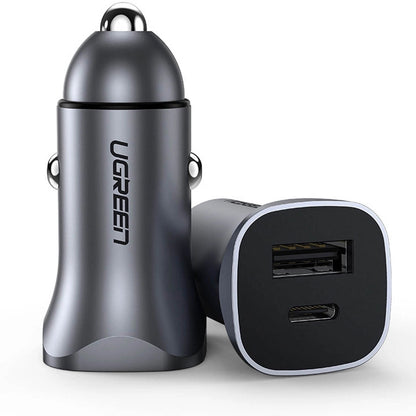 Auto punjač UGREEN CD130, 30W, 3A, 1 x USB-A - 1 x USB-C, Sivi