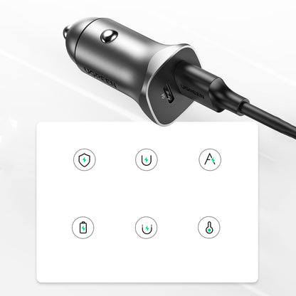 Auto punjač UGREEN CD130, 24W, 3A, 1 x USB-A - 1 x USB-C, Sivi