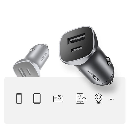 Auto punjač UGREEN CD130, 24W, 3A, 1 x USB-A - 1 x USB-C, Sivi