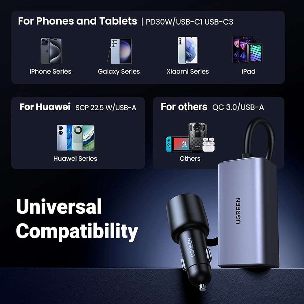 Auto punjač UGREEN EC706, 150W, 5A, 1 x USB-A - 3 x USB-C, Crni