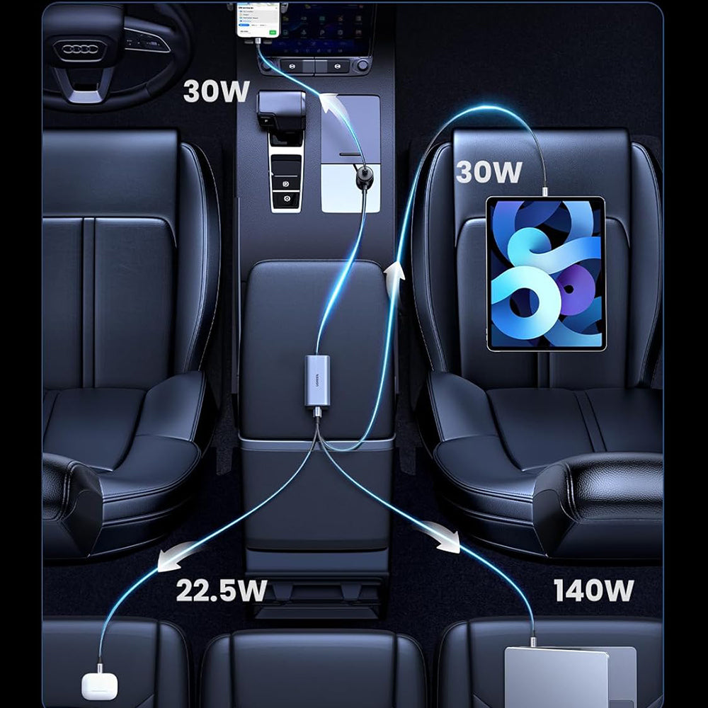 Auto punjač UGREEN EC706, 150W, 5A, 1 x USB-A - 3 x USB-C, Crni