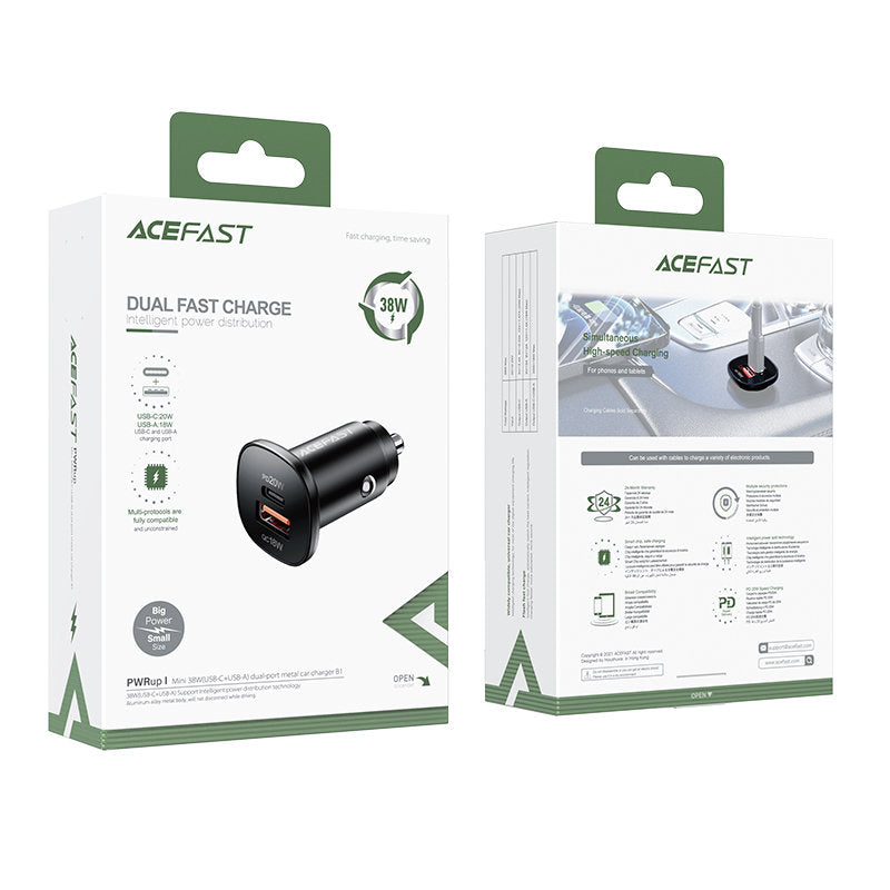 Auto punjač Acefast B1, 38W, 3A, 1 x USB-A - 1 x USB-C, Crni