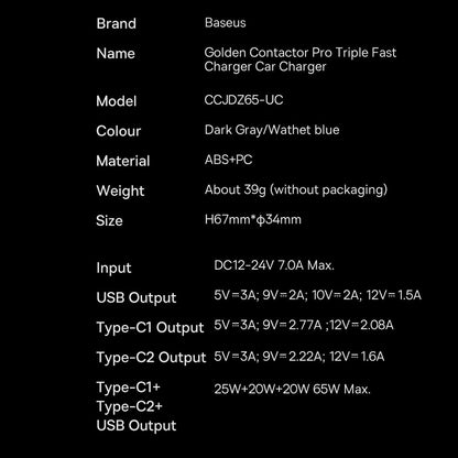 Auto punjač Baseus Golden Contactor Pro, 65W, 3A, 1 x USB-A - 2 x USB-C, Sivi CGJP010013