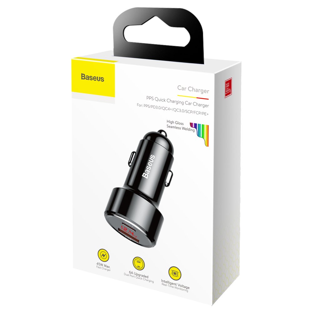 Auto punjač Baseus Magic Display serija, 45W, 6A, 1 x USB-A - 1 x USB-C, Crni CCMLC20C-01