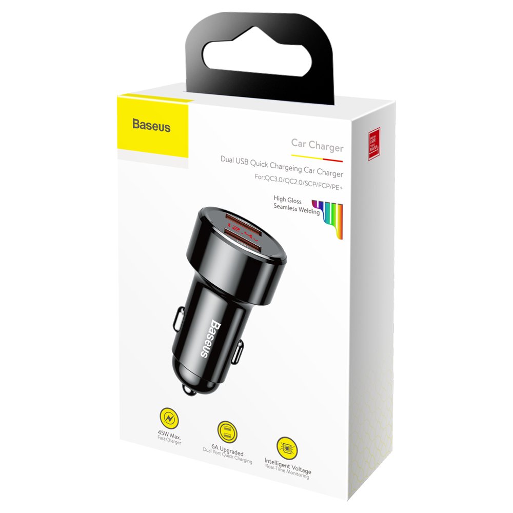 Auto punjač Baseus Magic Display Series, 45W, 6A, 2 x USB-A, Crni CCMLC20A-01