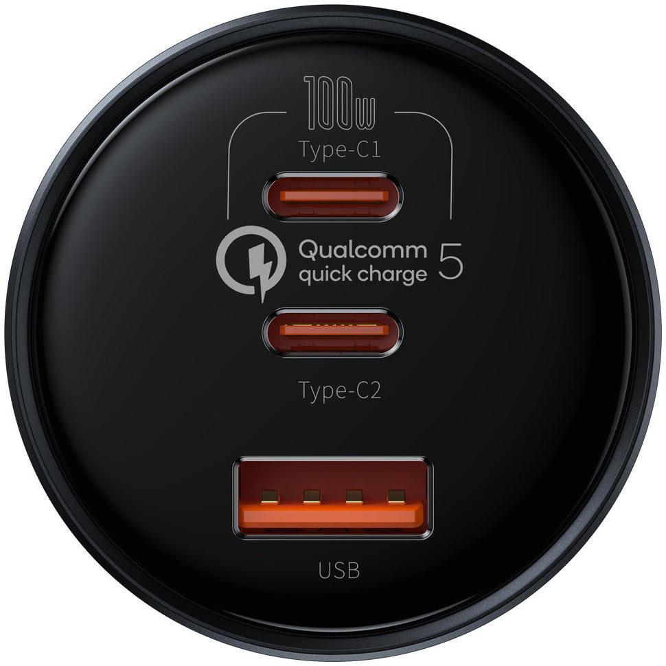Auto punjač s USB-C kabelom Baseus Qualcomm, 160W, 3A, 1 x USB-A - 2 x USB-C, Sivi TZCCZM-0G