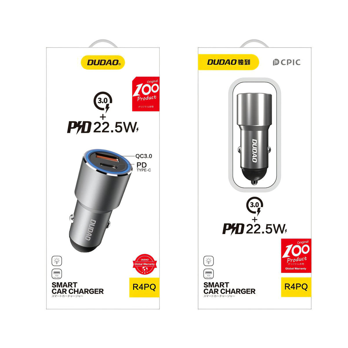 USB auto punjač Dudao R4PQ, 1 X USB - 1 X USB Tip-C, 22.5 W, Quick Charge - Power Delivery, Siva