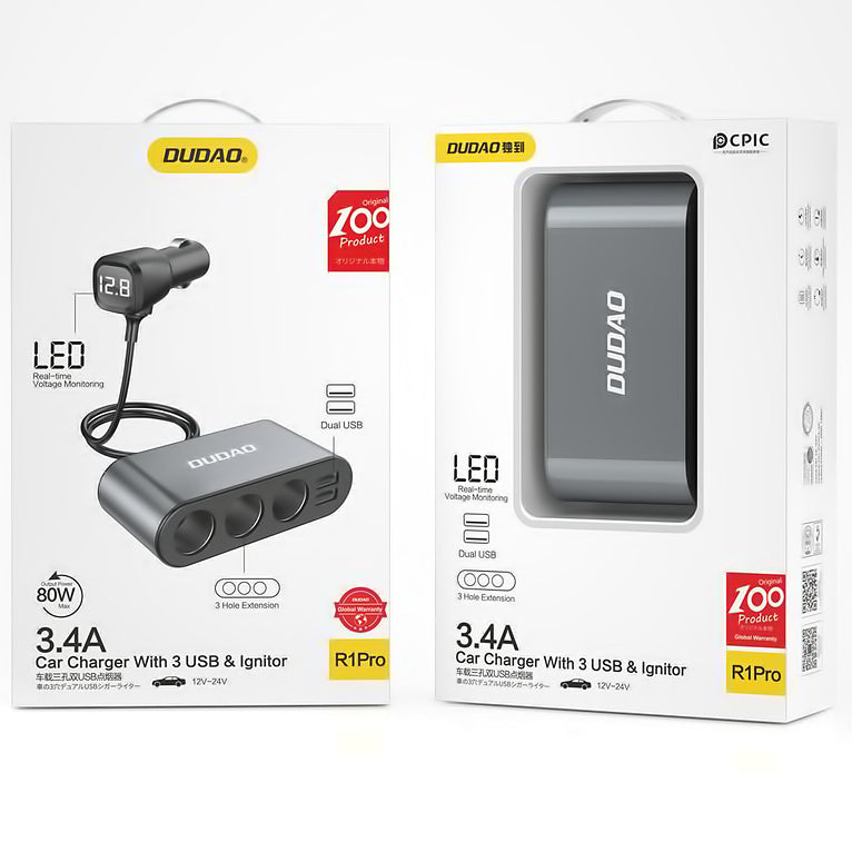 Produžetak za upaljač Dudao R1 Pro, 3 izlaza, 2 x USB-A, Zaslon