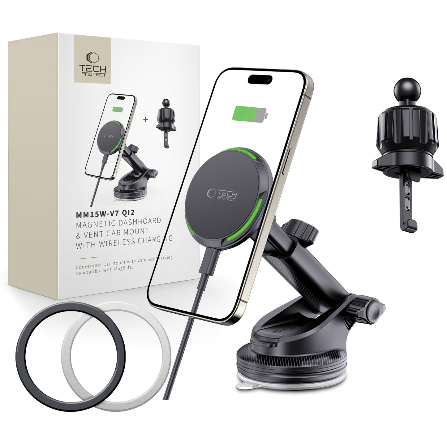 Auto punjač Tech-Protect MM15W-V7 QI2, bežični, 15W, 1.67A, crni