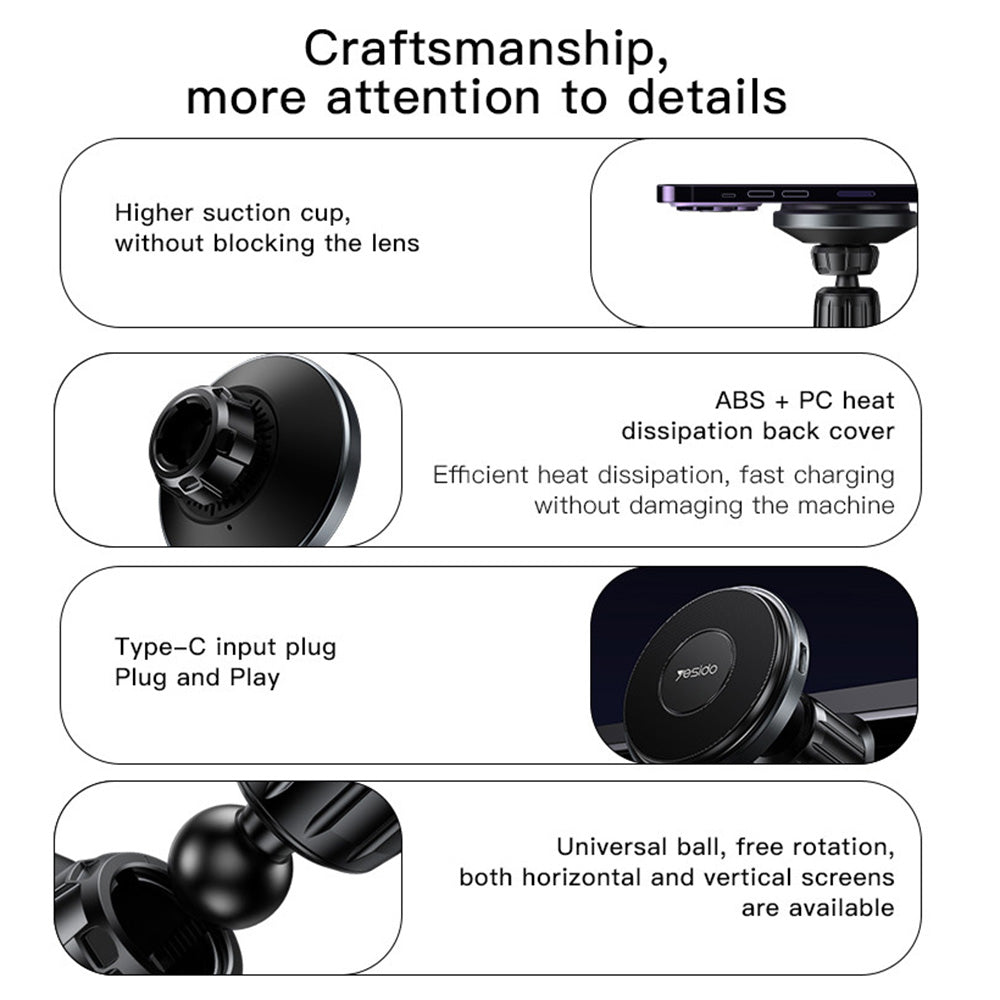 Auto punjač Wireless Yesido C190, 15W, 1.67A, Crni