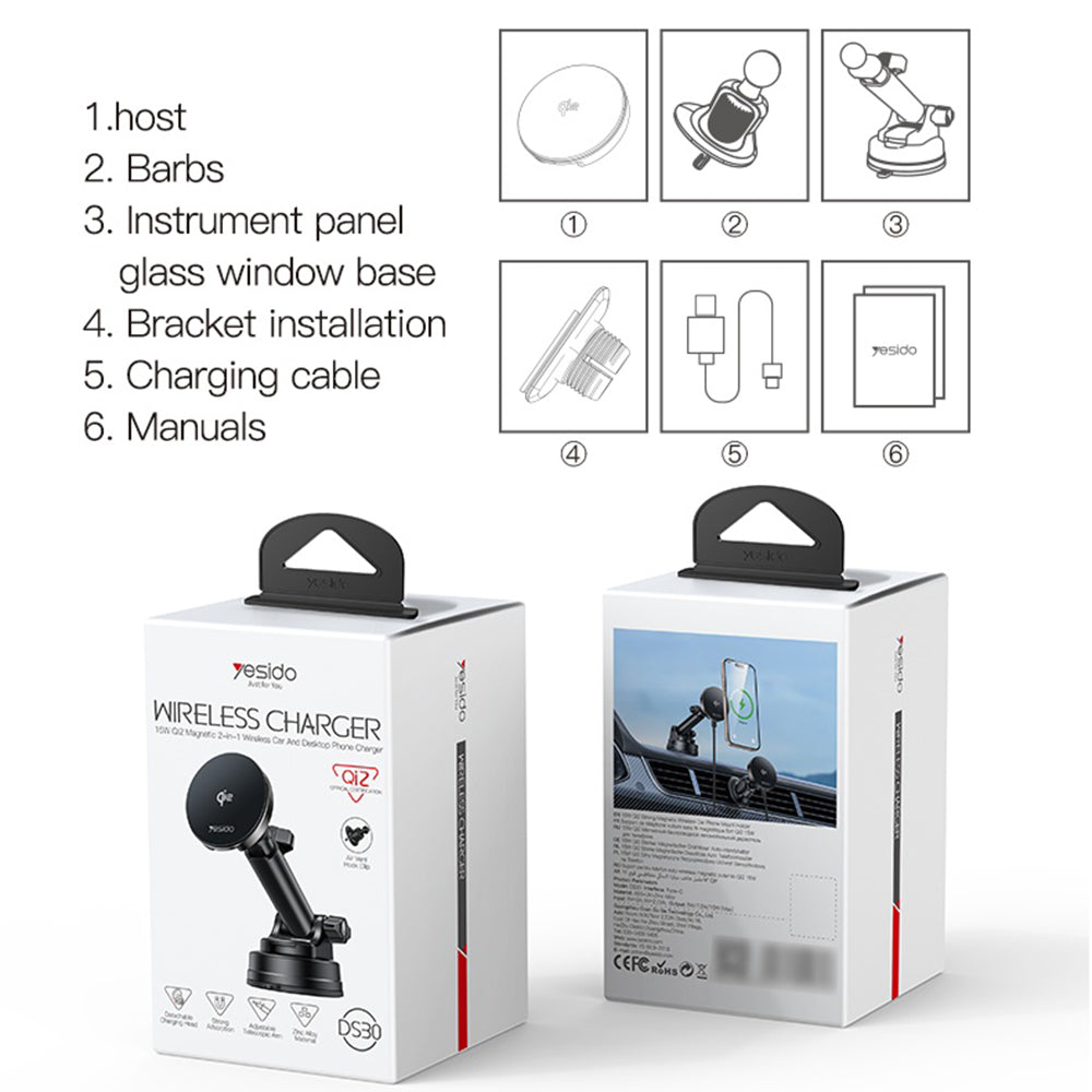 Auto punjač Wireless Yesido DS30, 15W, 1.67A, Crni