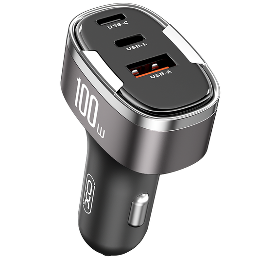 Auto punjač XO Design CC61, 100W, 3A, 1 x Lightning - 1 x USB-A - 1 x USB-C, Sivi