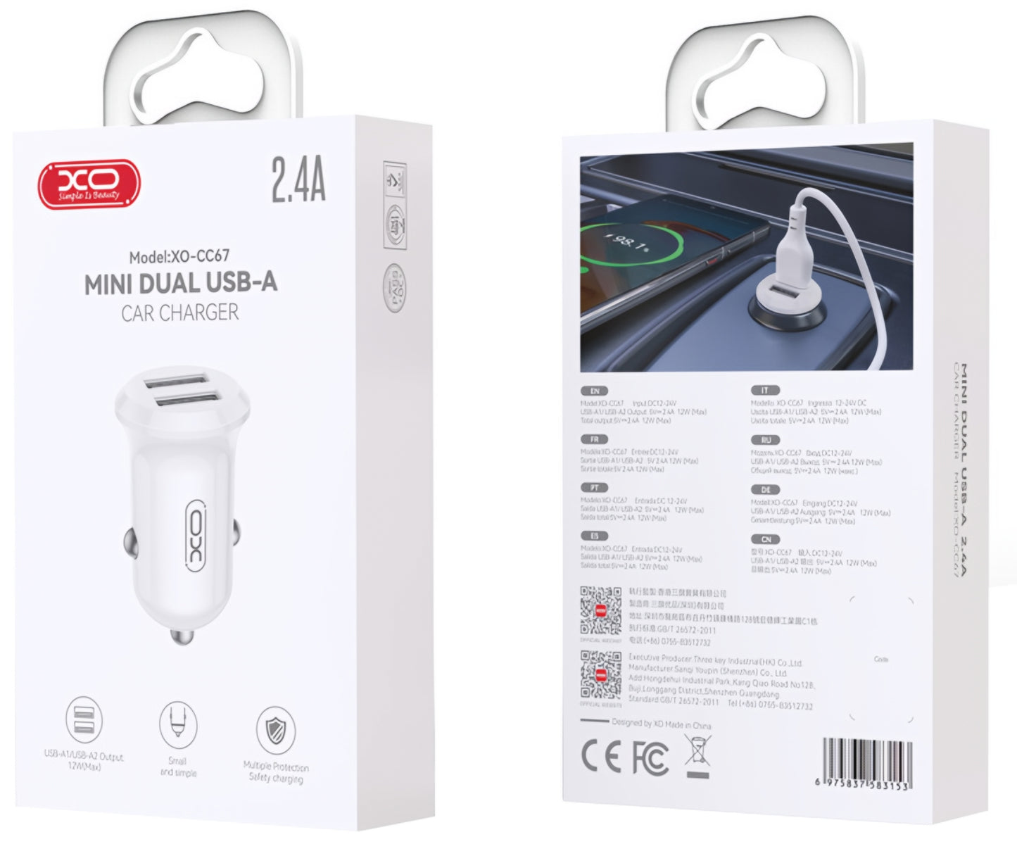 Auto punjač XO Design CC67, 12W, 2.4A, 2 x USB-A, Bijeli