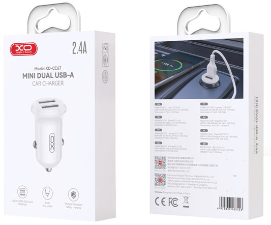 Auto punjač XO Design CC67, 12W, 2.4A, 2 x USB-A, Bijeli