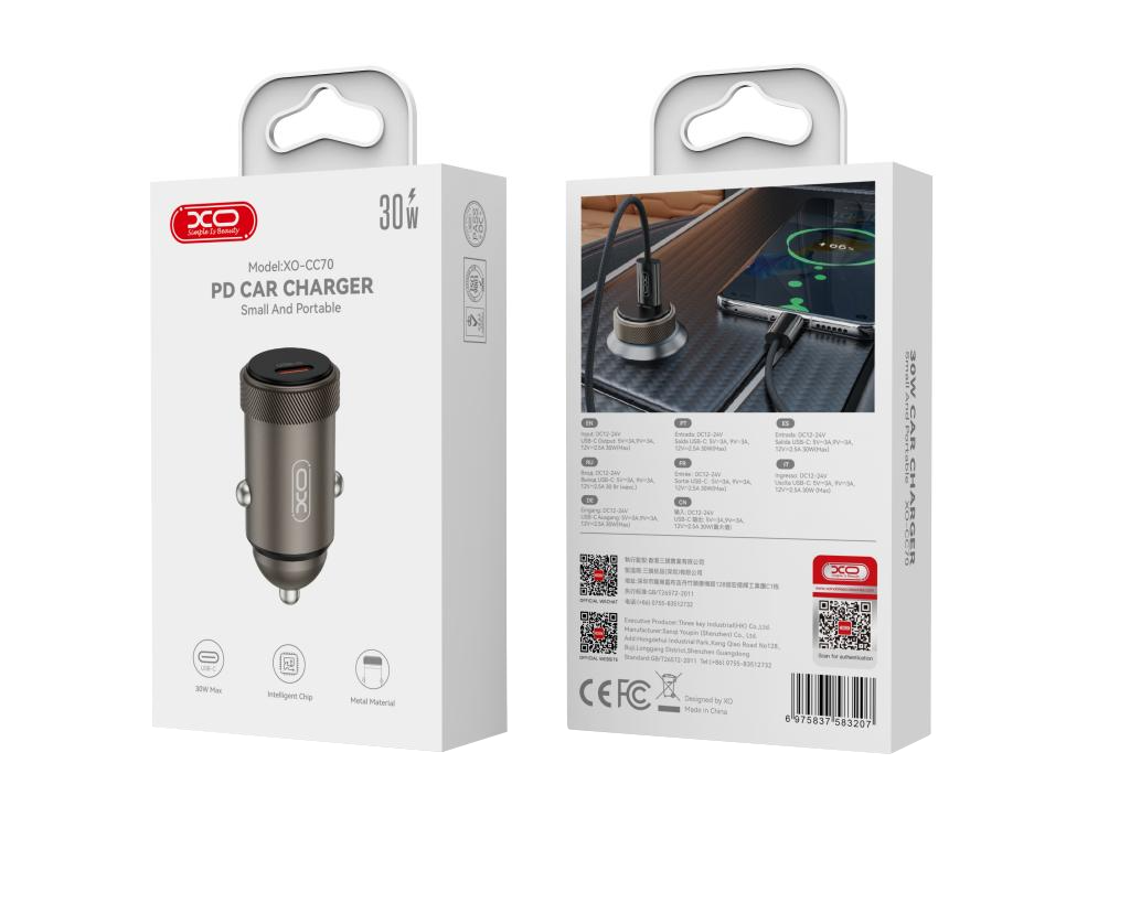 Auto punjač XO Design CC70, 30W, 3A, 1 x USB-C, Crni