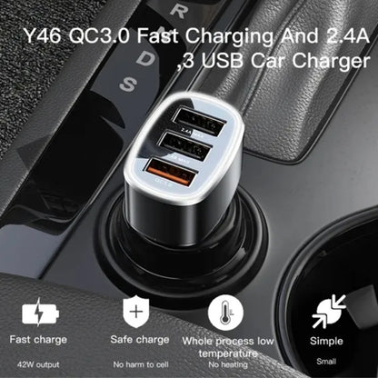 Auto punjač Yesido Y46, 42W, 3A, 3 x USB-A, Crni