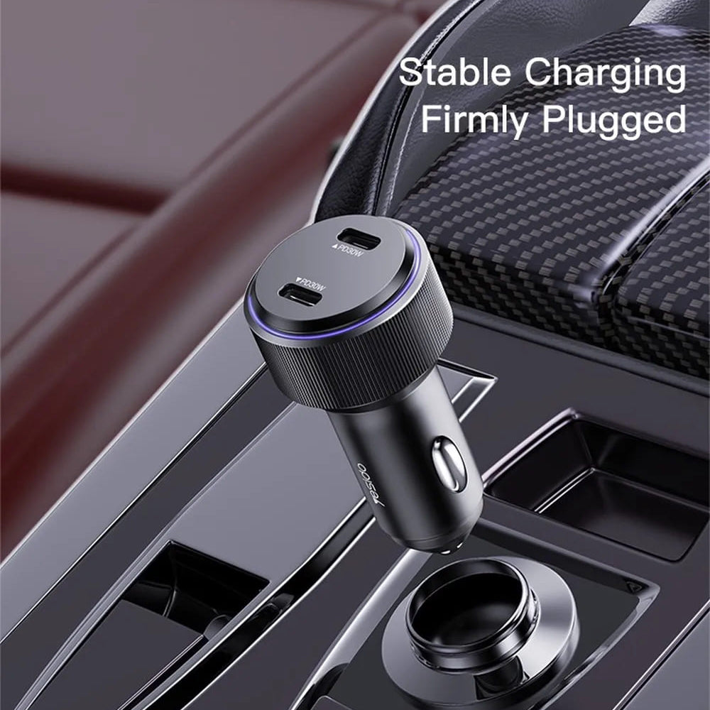 Auto punjač Yesido Y48, 60W, 3A, 2 x USB-C, Crni