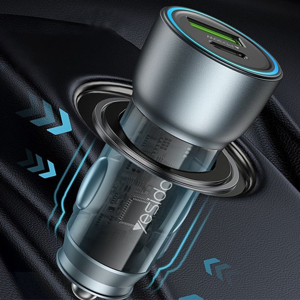 Auto punjač Yesido Y49, 30W, 3A, 1 x USB-A - 1 x USB-C, Sivi