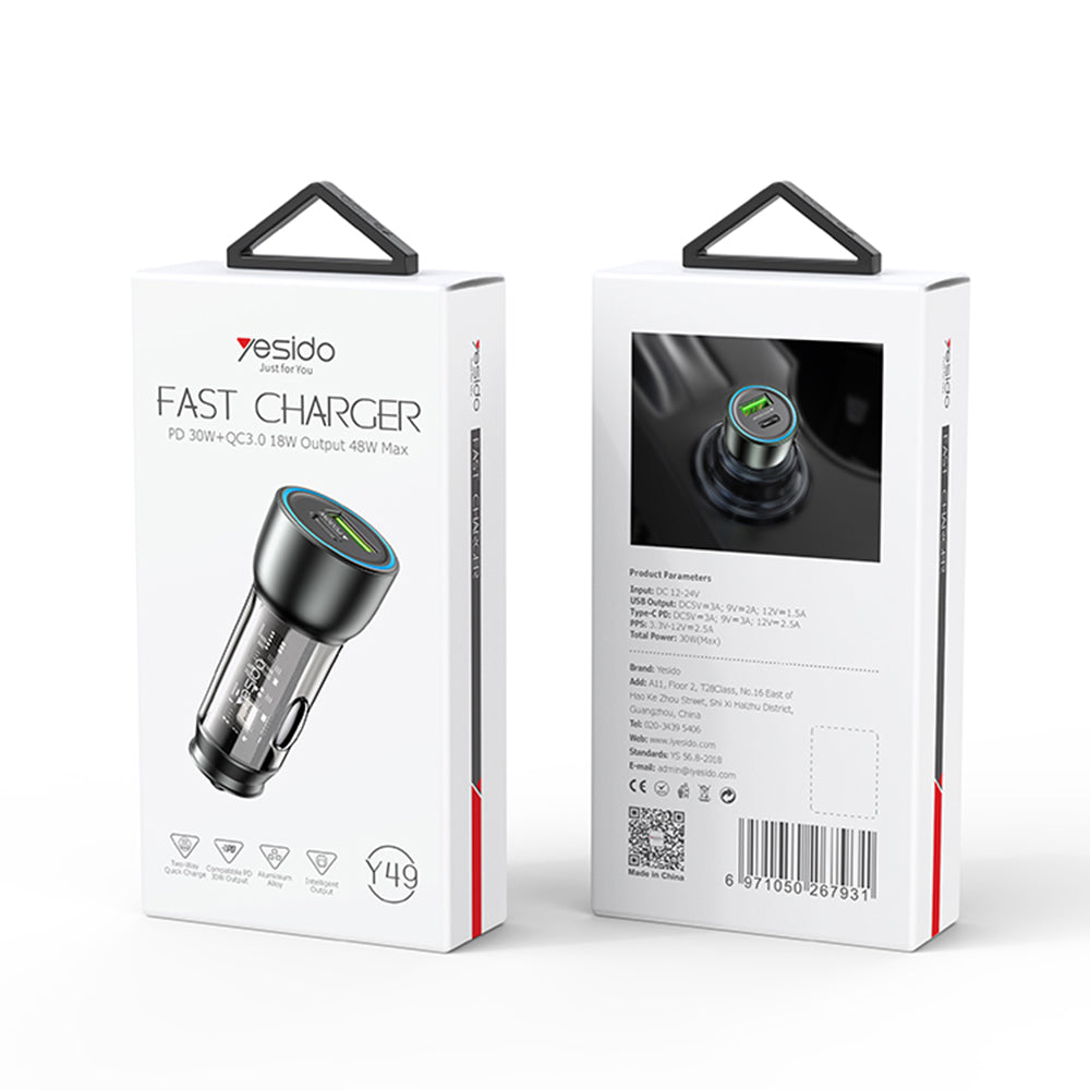 Auto punjač Yesido Y49, 30W, 3A, 1 x USB-A - 1 x USB-C, Sivi
